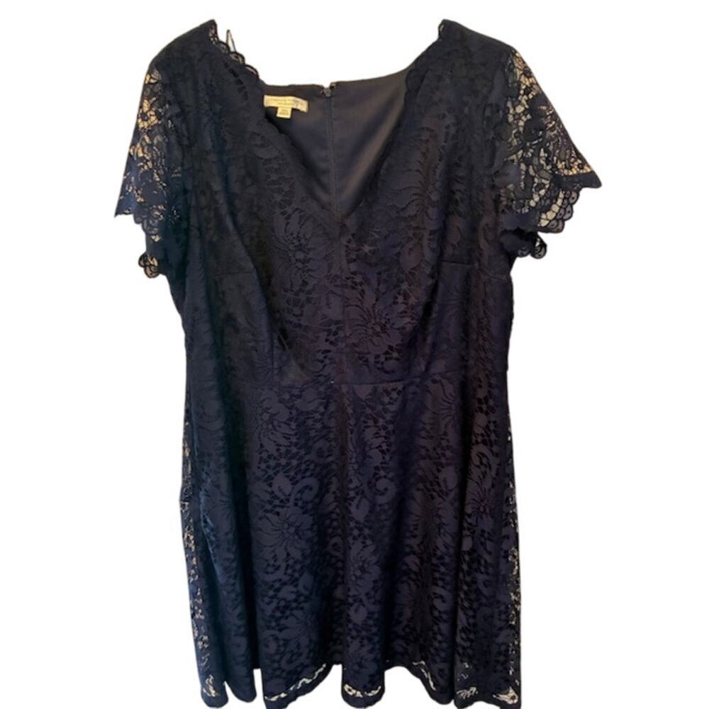 London Times Navy Lace V Neck Short‎ Sleeve Fit and Flare Midi Dress - Size 18W